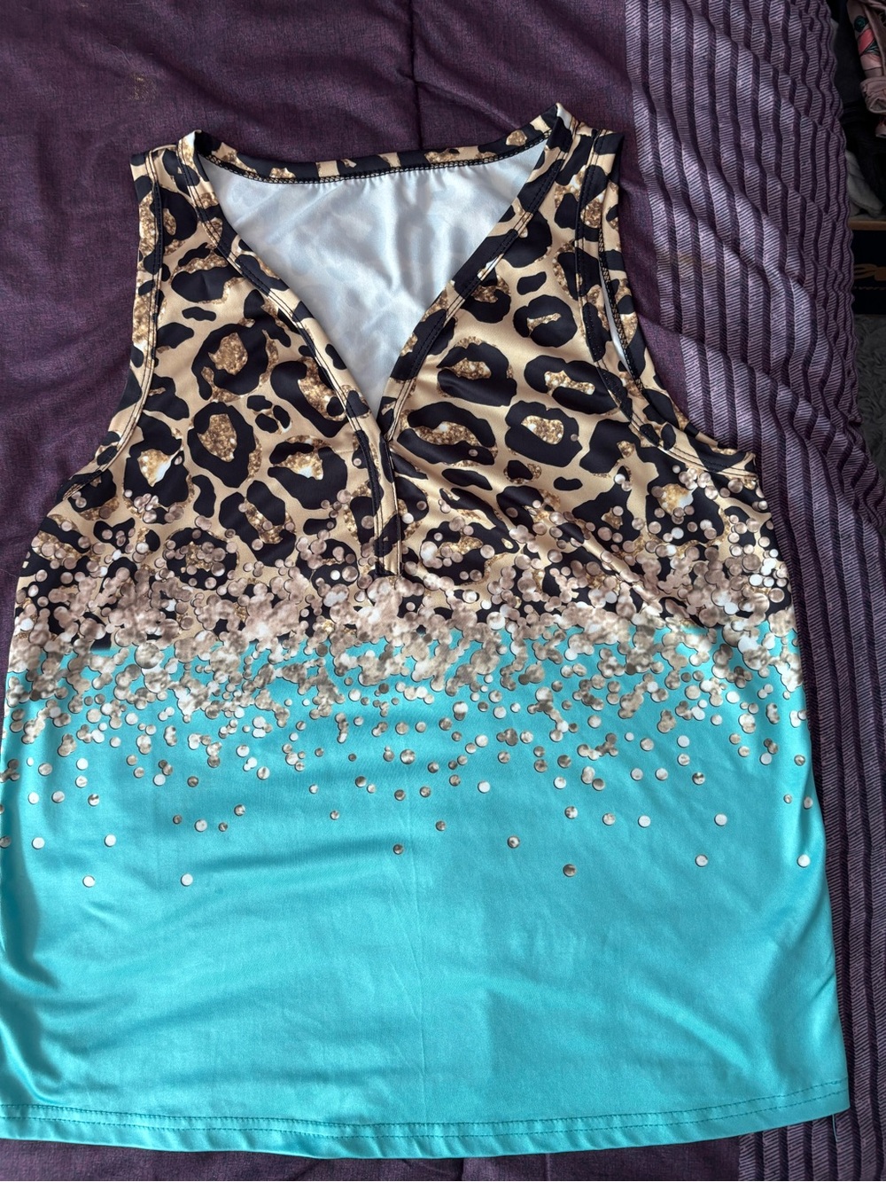 Leopard Print and Turquoise Sequin-Detail Sleeveless Tank Top